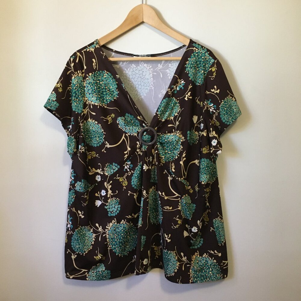 VTG Y2K George Made in Canada Retro Floral Babydoll Tee Ring Clip 3X
